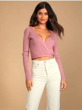 Lulus mauve pink wrap Ribbed Knit sweater Top size small neck tie